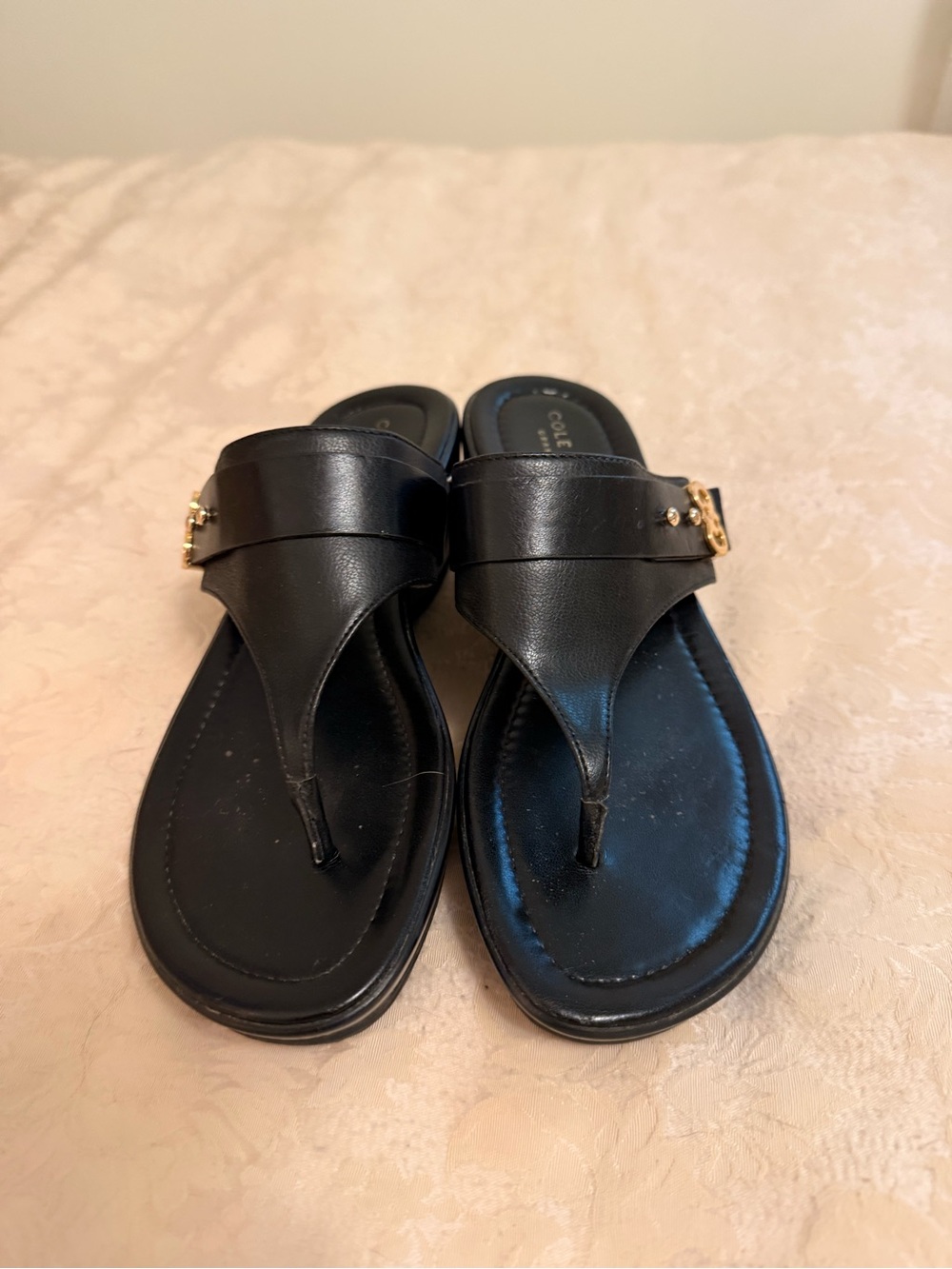 Cole Haan Black Leather Thong Sandals with Gold Buckle Detail